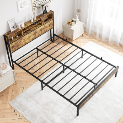 Full Size Bed Frame With Storage Headboard, Metal Platform Bed With Charging Station, Bookcase Storage, No Box Spring Needed, Easy Assembly, Noise-Free, Black
