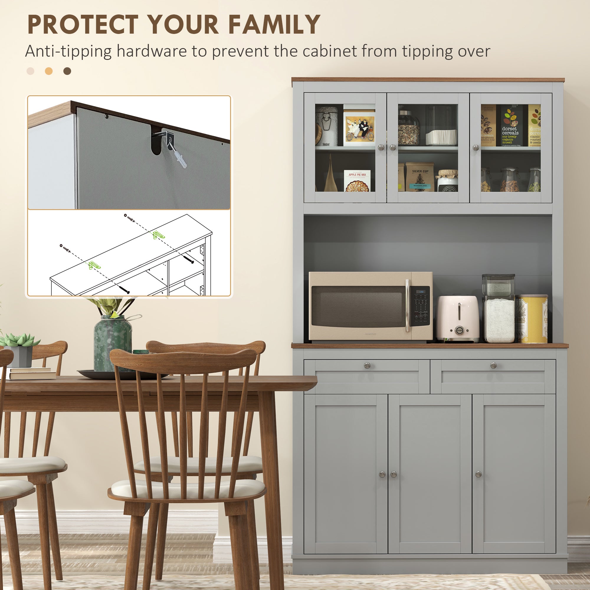 Gabinete de Alacena de Cocina de 71 Pulgadas con Soporte para Microondas, Alacena de Cocina con 2 Cajones y Estanterías Ajustables, Gris