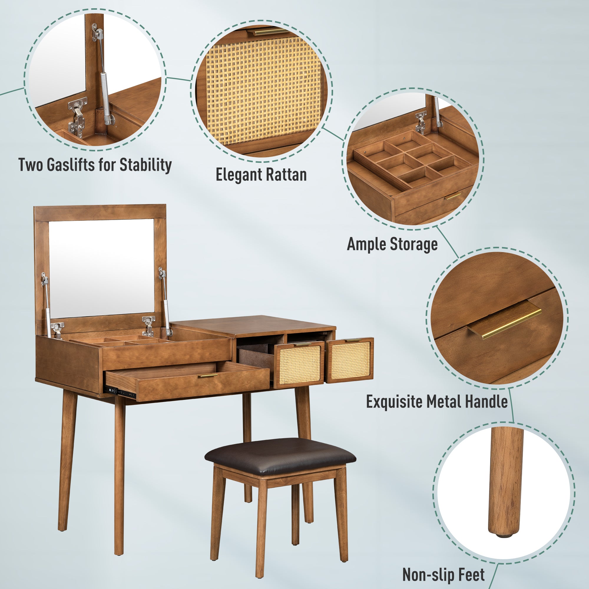 43.3 Juego de Tocador Clásico de Madera con Espejo de Tapa Abatible y Taburete, Mesa de Tocador con Tres Cajones y Espacio de Almacenamiento, Marrón