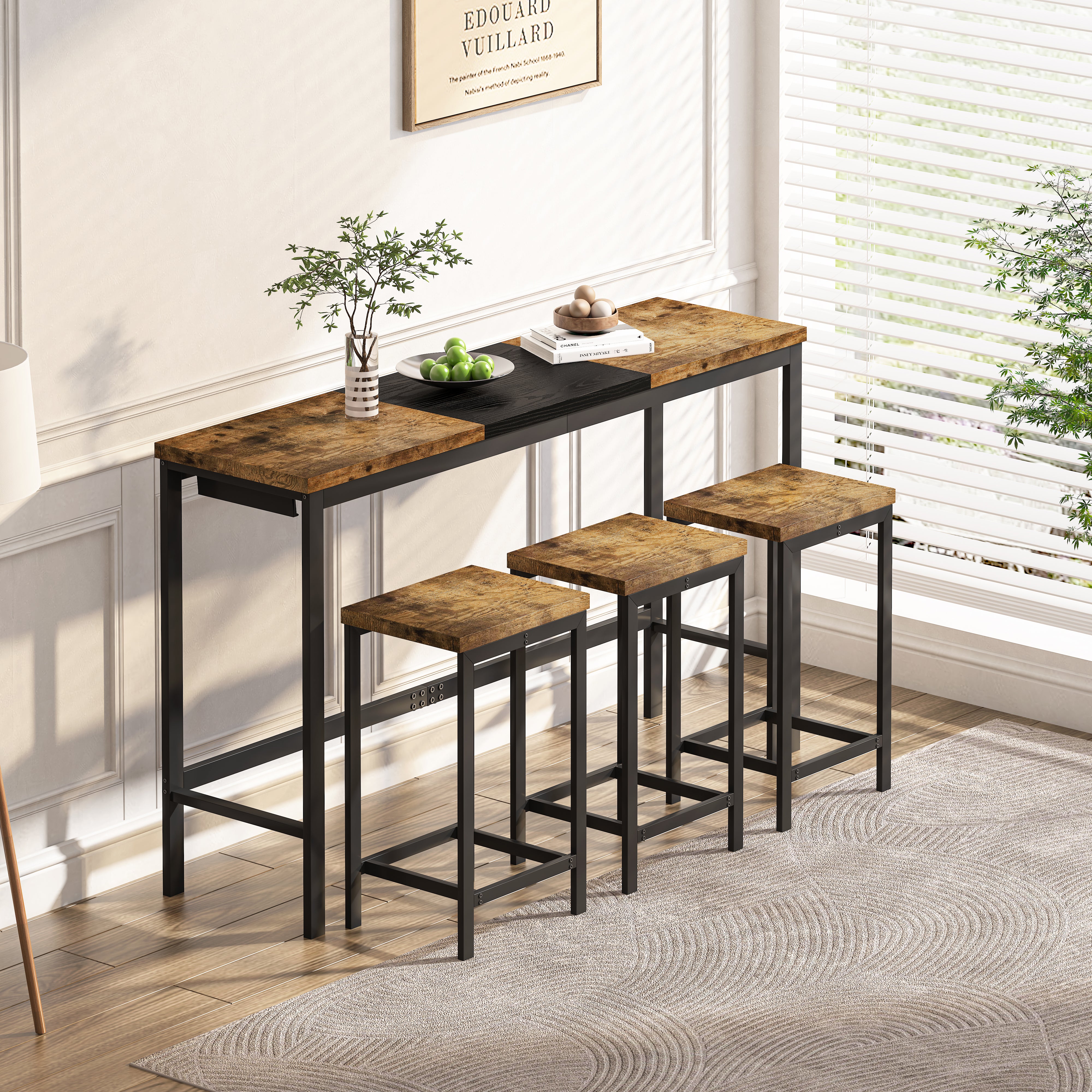 Moderne Design-Küchentisch-Essgruppe, Pub-Tisch, Langer Essens-Tisch-Set mit 3 Hocker, Praktisches Hängender-Hocker-Design, Natürliches Schwarz,