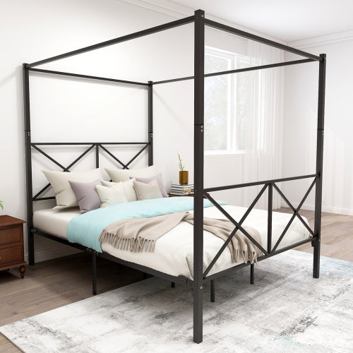 Metal Canopy Bed Frame, Platform Bed Frame Queen With X Shaped Frame Queen Black