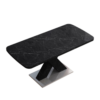 Modern Rectangle Dining Table Stretchable,Printed Black Marble Table Top MDF X-Shape Table Leg With Metal Base