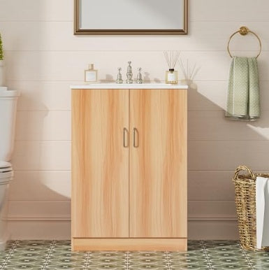 Ein modernes Badezimmer-Waschbecken mit einem Keramikbecken und einem unabhängigen Badezimmer-Aufbewahrungsschrank mit Waschbecken-Kombinationsset