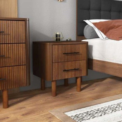 Mesa de Noche de Madera de Nogal Moderna de Media Siglo Logan con 2 Cajones