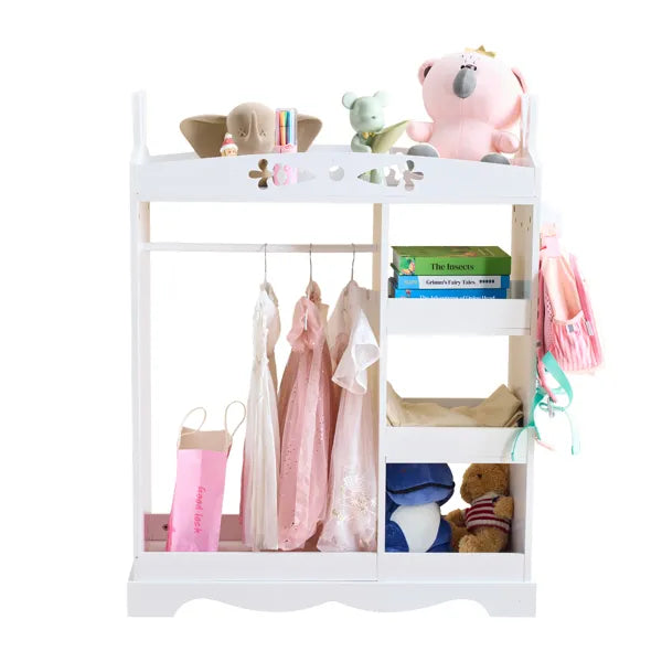 White MDF + Particleboard Children's Wardrobe With 1 Mirror, 3 Shelves, And 1 Clothes Rod; Rabbit Ear Design