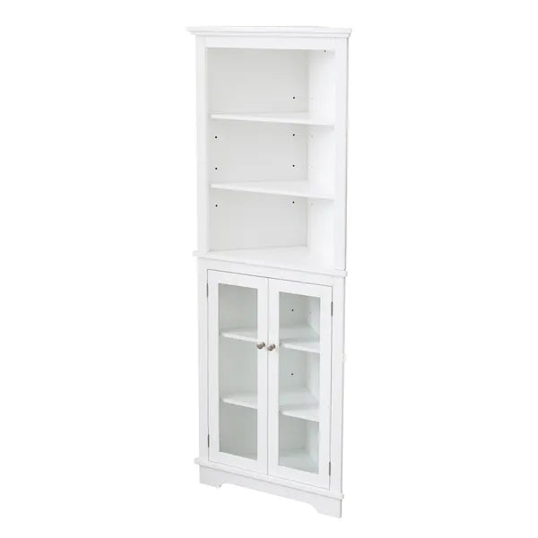 FRALIMK Mattweiß Hoher Eckschrank für die Ecke, Bodenspeicher Schmale Organisatoren mit Doppeltür aus Glas und einstellbaren Regalen