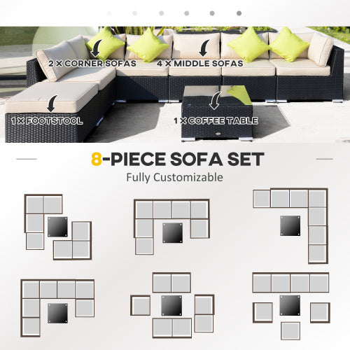 Outsunny Conjunto de Sofá de Esquina de Ratán PE de 8 Piezas con Cojines Gruesos, Conjunto de Muebles de Jardín de Ratán Exterior de Aluminio con Mesa de Tapa de Vidrio, Sin Ensamblaje Requerido, Negro