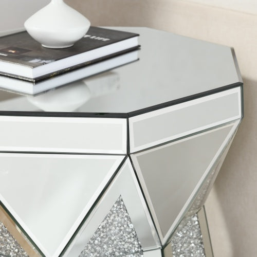 Trommelstil Couchtisch mit Spiegelkristall-Einlage, Polygonal Silber Dekortisch, Modernes Design Luxus Moderne Möbel, 20 Zoll Etwa 50 Zentimeter Niedriger Couchtisch, Geeignet für Wohnzimmer