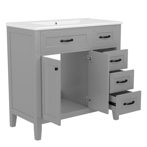 Lavabo de baño de 36 pulgadas con combinación de fregadero, gabinete de baño gris con cajones, marco sólido y tablero de MDF