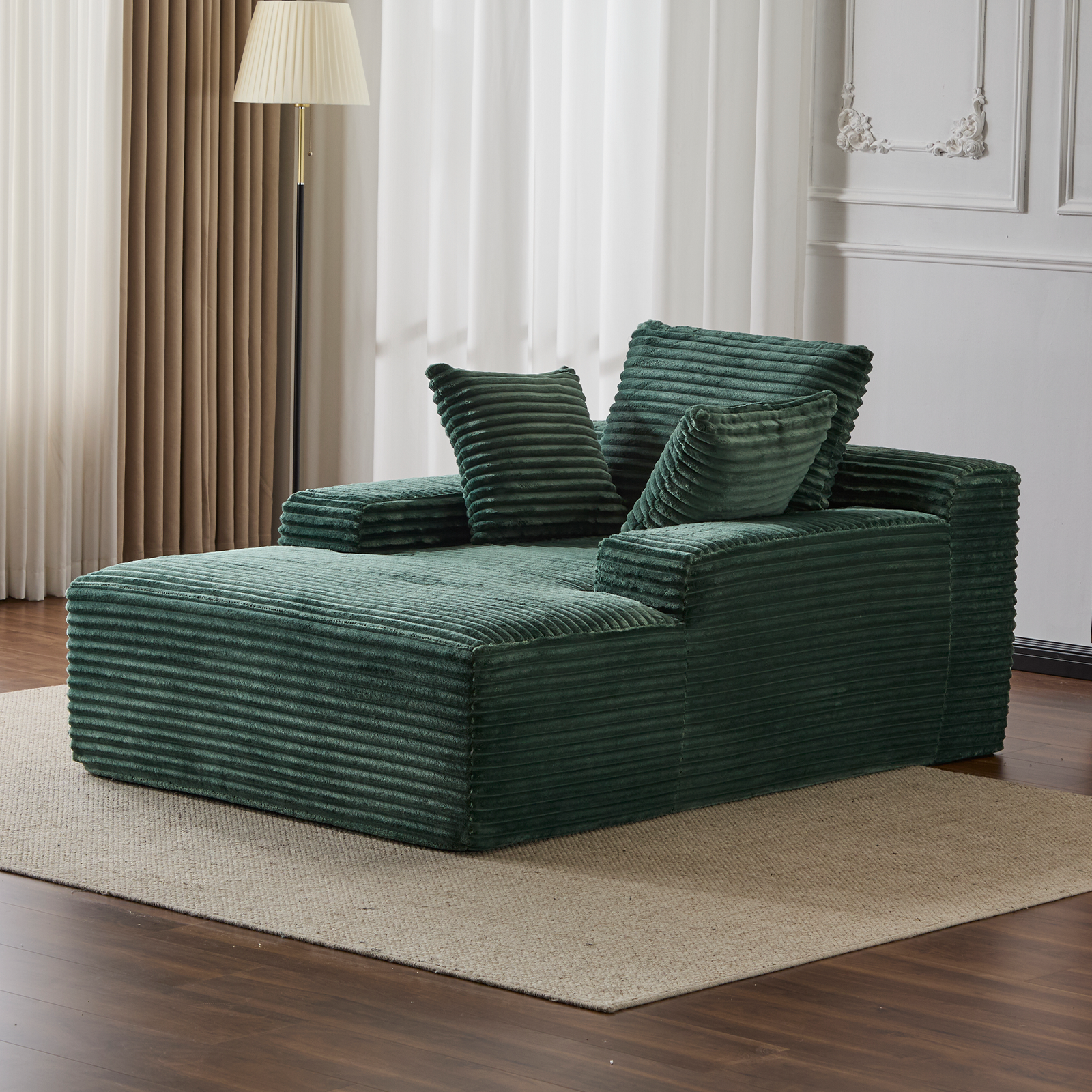 Silla Chaise Longue Sobredimensionada Cómoda Nube, Sofá Moderno con Tapizado de Terciopelo Acanalado Mullido, Sofá Cama Diván con 3 Cojines Decorativos y Reposabrazos Anchos para Sala de Estar, Sin Ensamblaje Requerido, Verde
