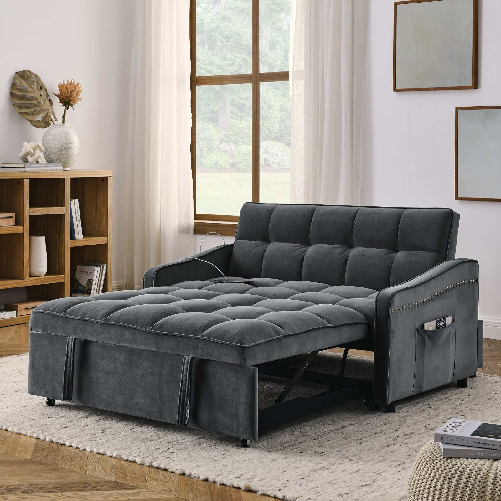 Sofá Cama Loveseat con Extracción, Respaldo Ajustable, Bolsillos en los Brazos, Carga TypeC y USB