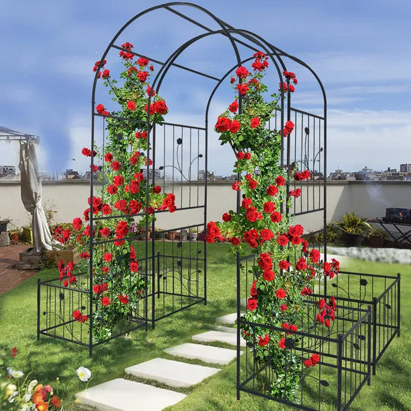 Metal Garden Arch With Two Plant Stands 79.5'' Wide X 86.6'' High Climbing Plants Support Rose Arch Outdoor Black
