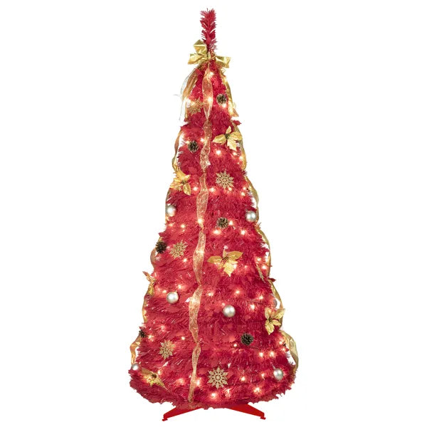6FT Red Pop-Up Christmas Tree With 150 Warm White LED Lights, Ornaments Included – 4 Ribbons, Bow, Flowers, Snowflakes, Pine Cones & Balls – Easy Assembly & Space-Saving Holiday Décor