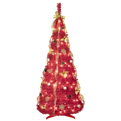 6FT Red Pop-Up Christmas Tree With 150 Warm White LED Lights, Ornaments Included – 4 Ribbons, Bow, Flowers, Snowflakes, Pine Cones & Balls – Easy Assembly & Space-Saving Holiday Décor