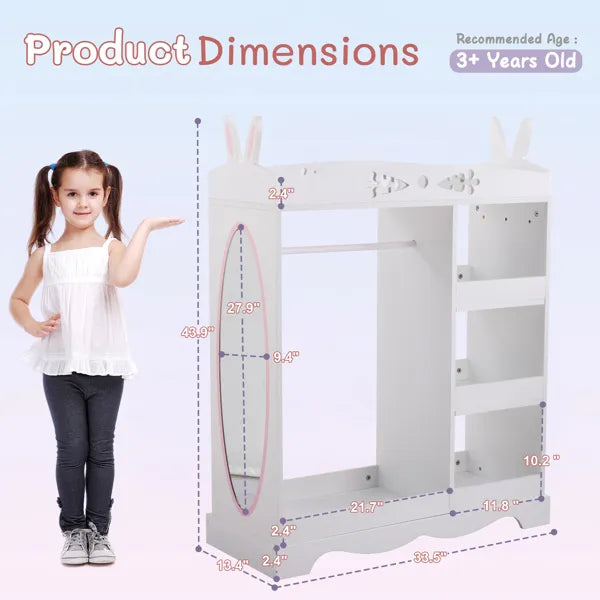 White MDF + Particleboard Children's Wardrobe With 1 Mirror, 3 Shelves, And 1 Clothes Rod; Rabbit Ear Design