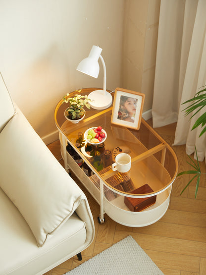 Movable Oval Metal Glass Coffee Table With Storage