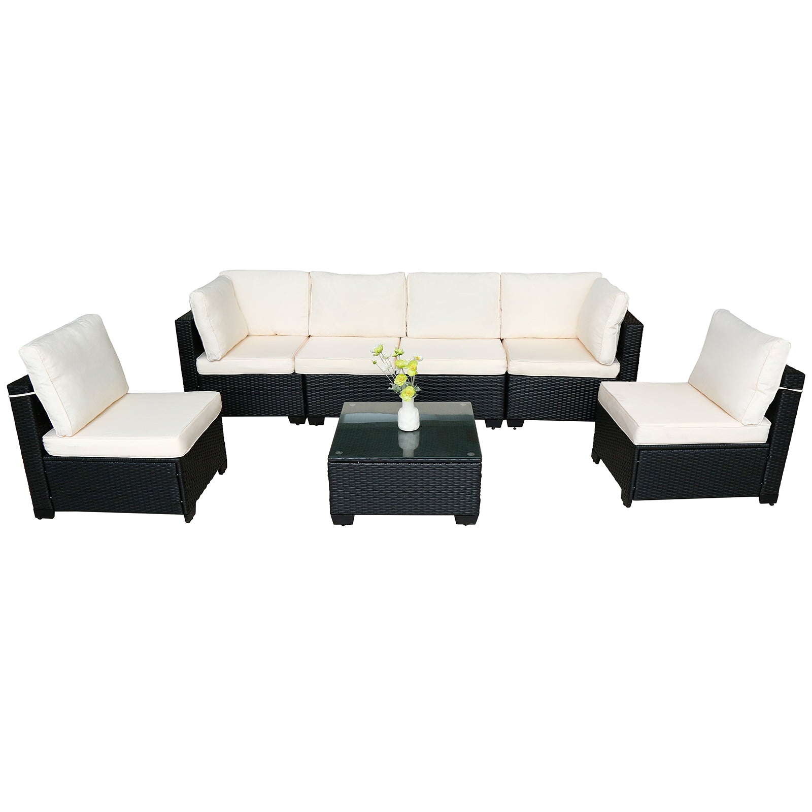 Juego de Sofá de Siete Piezas de Venta Caliente con Mesa y Silla de Sofá en Rattan PE Negro Muebles de Diseño Nuevo para Exteriores 7-JH002 Caja 3-1-2-3 con Cojines de Color Blanco