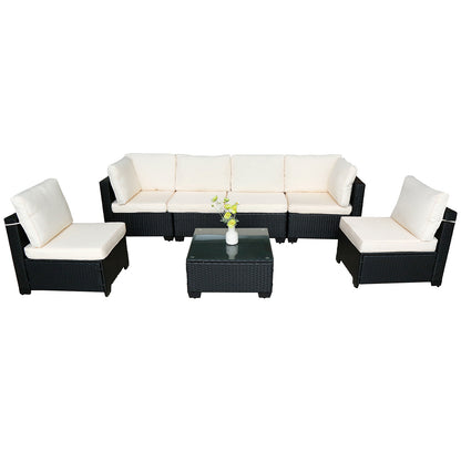 Hot Selling Seven-Piece Sofa Set Table With Sofa Chair Black PE Rattan Outdoor New Design Furniture 7-JH002 Box 3-1-2-3 With White Color Cushion