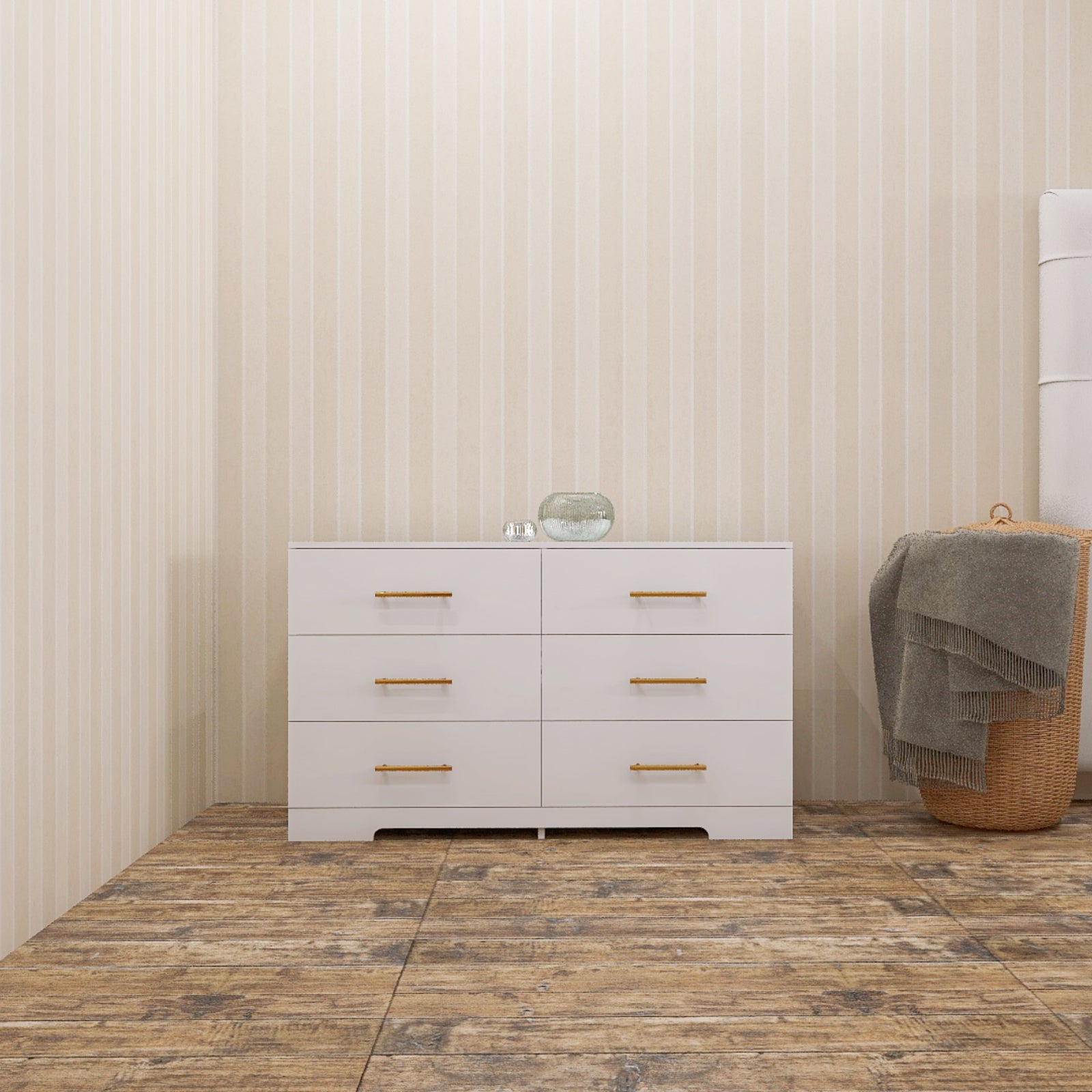 Cómoda de 6 cajones grande de color blanco con manijas doradas
