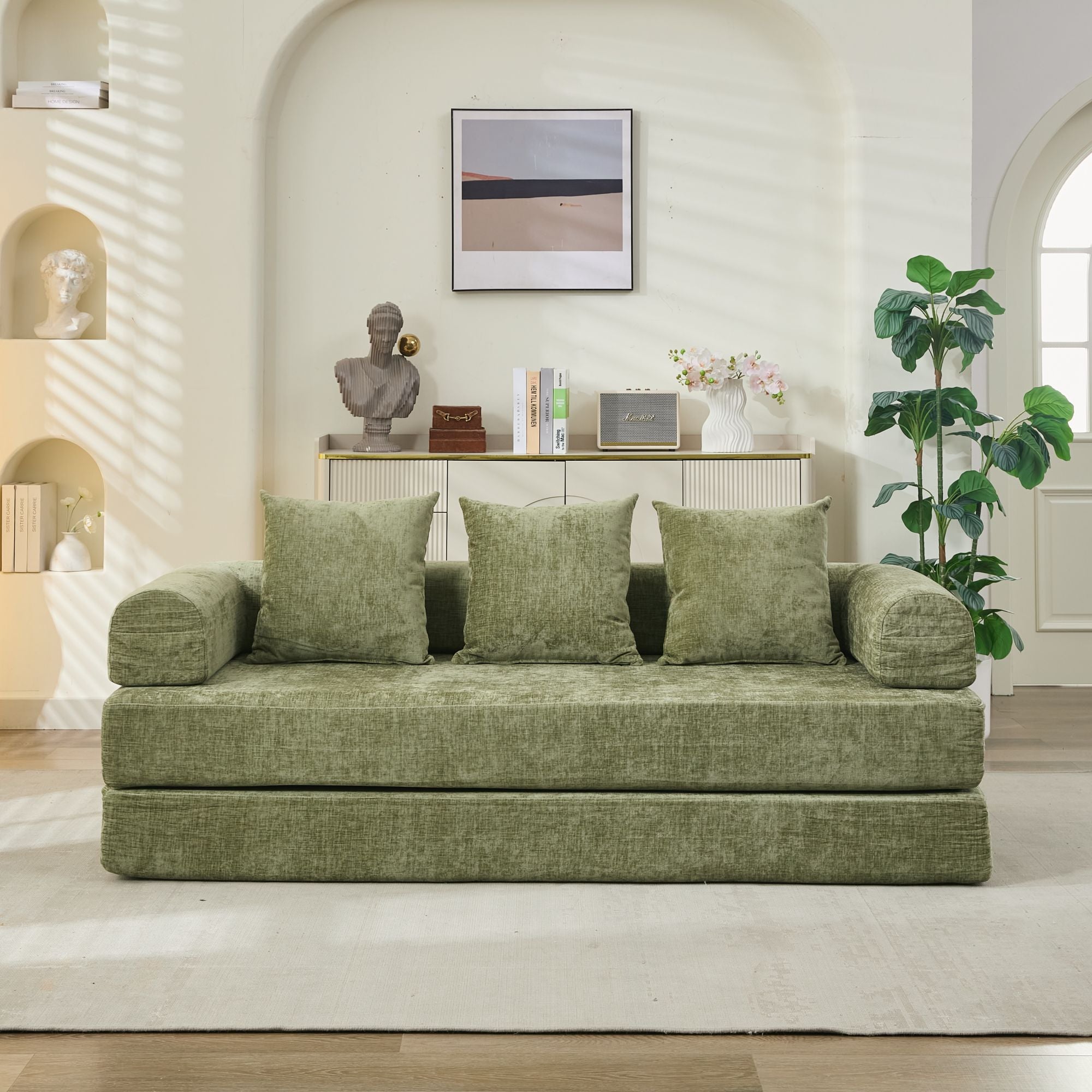 Komfortables umklappbares Matratzen-Sofa, Boden-Sofabett, Chenille-Boden-Sofa mit Armlehnen, Boden-Sofa-Lounge-Couch für Wohnzimmer, Schlafzimmer, Lounge und Studio – Grün