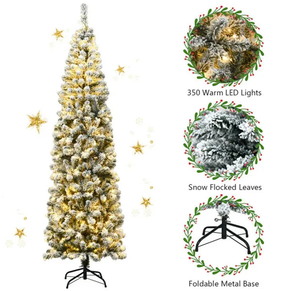 7.5ft Snow Flocked Pencil Christmas Tree - 641 Branch Tips, 350 Warm LED Lights, PVC+Metal