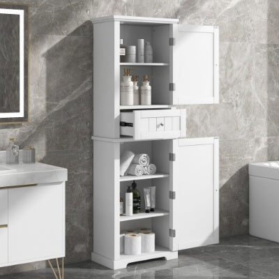Hohes Badezimmerschrank, Freistehender Stauraumschrank mit Schublade und einstellbarem Regal, MDF-Platte mit lackierter Oberfläche