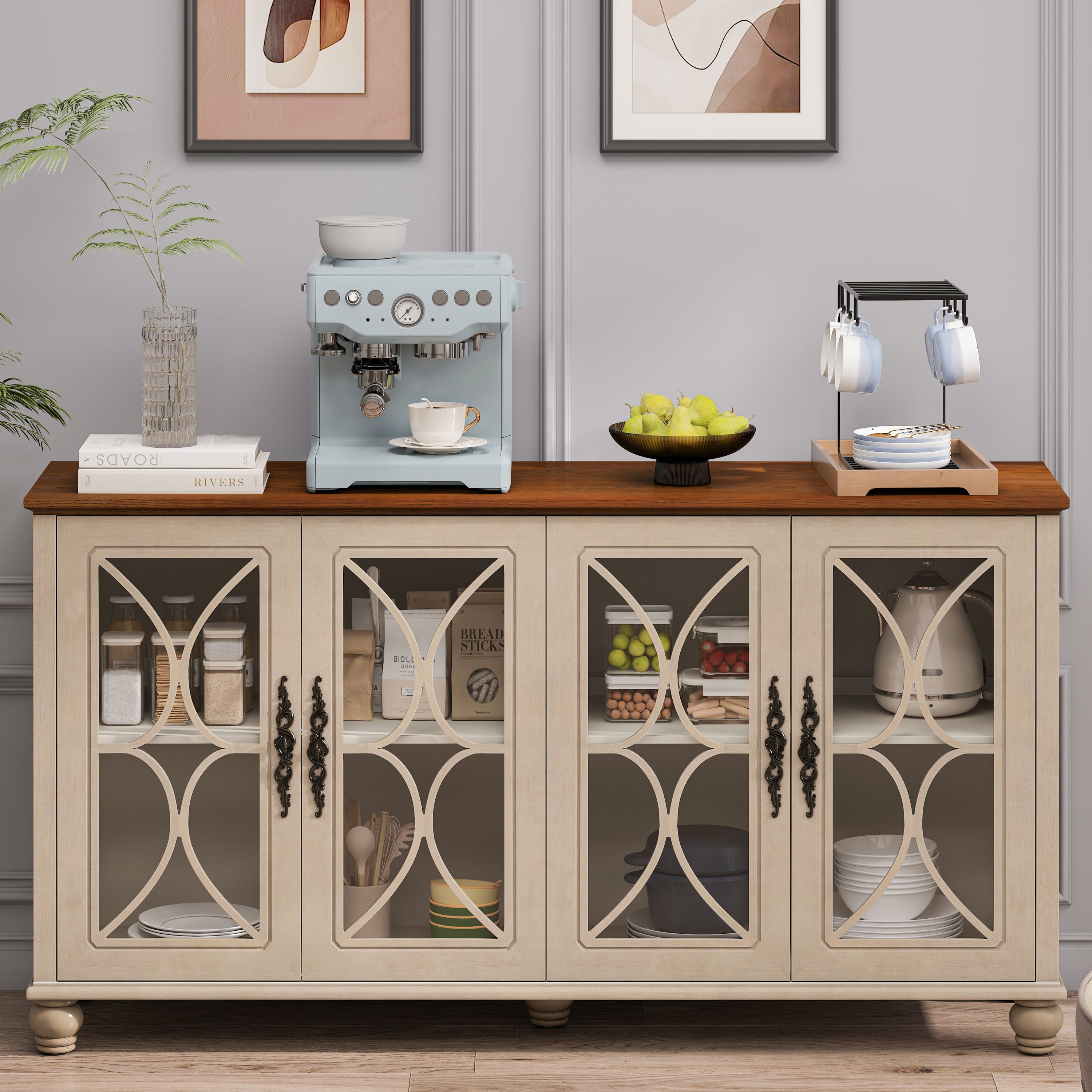 Elegantes europäisches Antiquitäten-Stil 4-Türenschrank mit gehärteten Glastüren, für Esszimmer, Wohnzimmer, Flur, einfache Montage, Beige