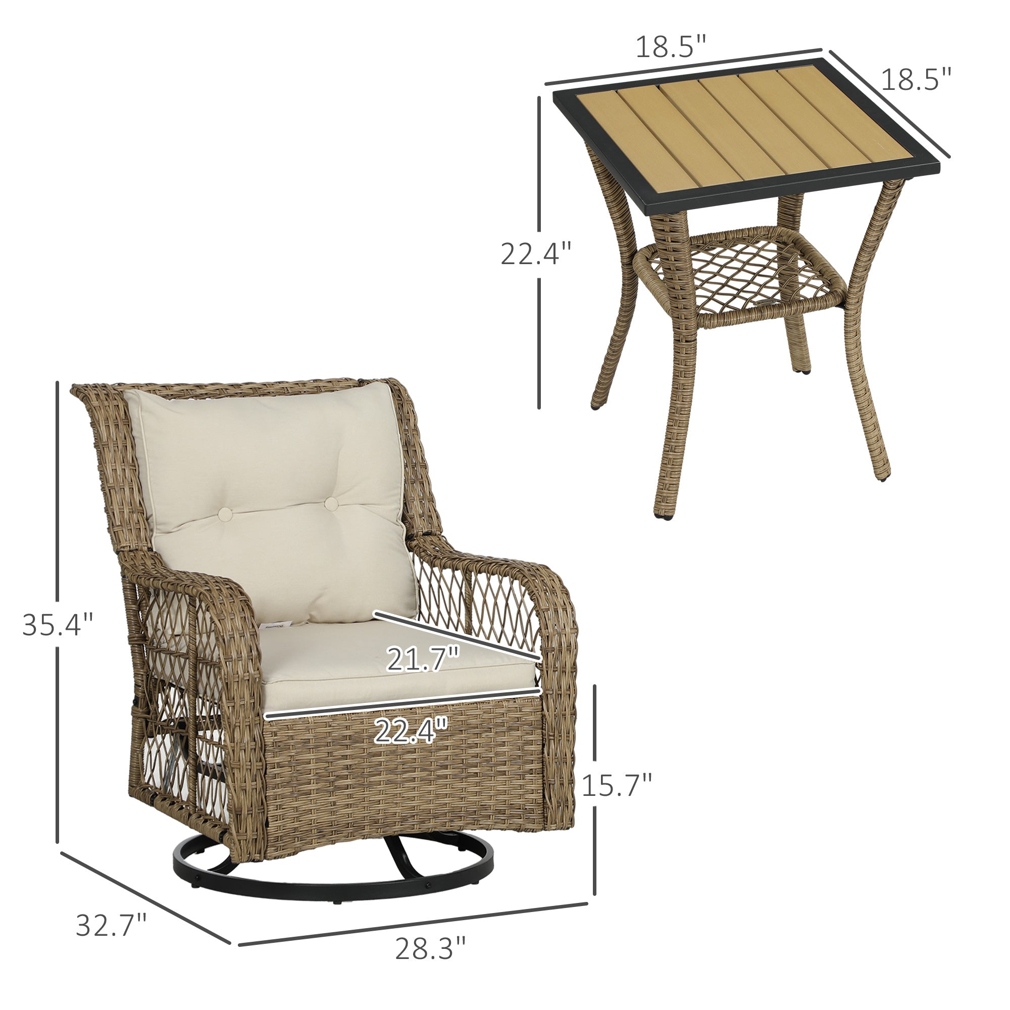 Juego de Bistro Exterior de 3 Piezas, Conjunto de Muebles Pequeños para Patio de Mimbre con Sillas Giratorias Reclinables para Balcón, Porche, Beige