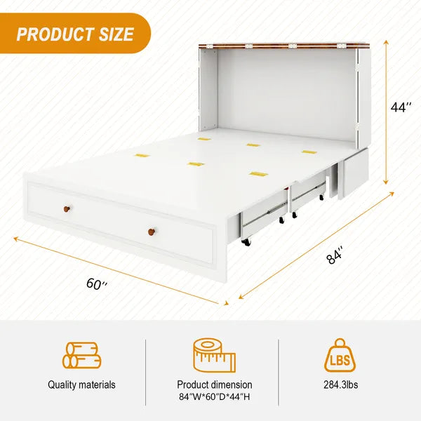 Marco de Cama Murphy de Tamaño Queen con Cajones, Cama Murphy con Pecho y Estación de Carga, 2 Puertos USB, Cama Murphy Móvil para Arreglo de Dormir en Áreas Multipropósito para Dormitorio, Sala de Estar, Habitación de Huéspedes Blanco y Madera