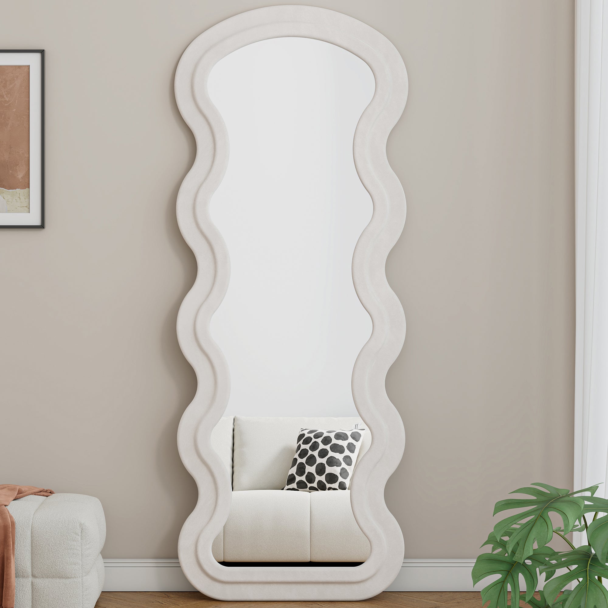 Espejo de Piso de Olas de Largo Completo en Franela para Dormitorio o Sala de Estar, Colgante o Contra la Pared, Blanco