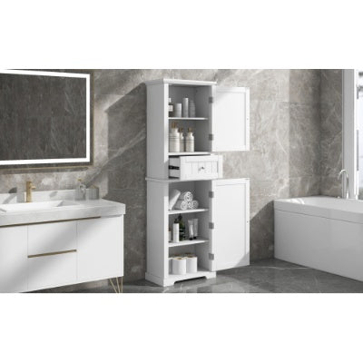 Hohes Badezimmerschrank, Freistehender Stauraumschrank mit Schublade und einstellbarem Regal, MDF-Platte mit lackierter Oberfläche