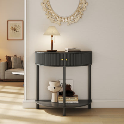Artisan-Crafted Wave-Pattern Demi-Lune Console Table With Dark Gray Finish,Unique Half Moon Design End Table With 2 Storage Drawers And Bottom Shelf For Living Room, Bedroom, Study, Hallway