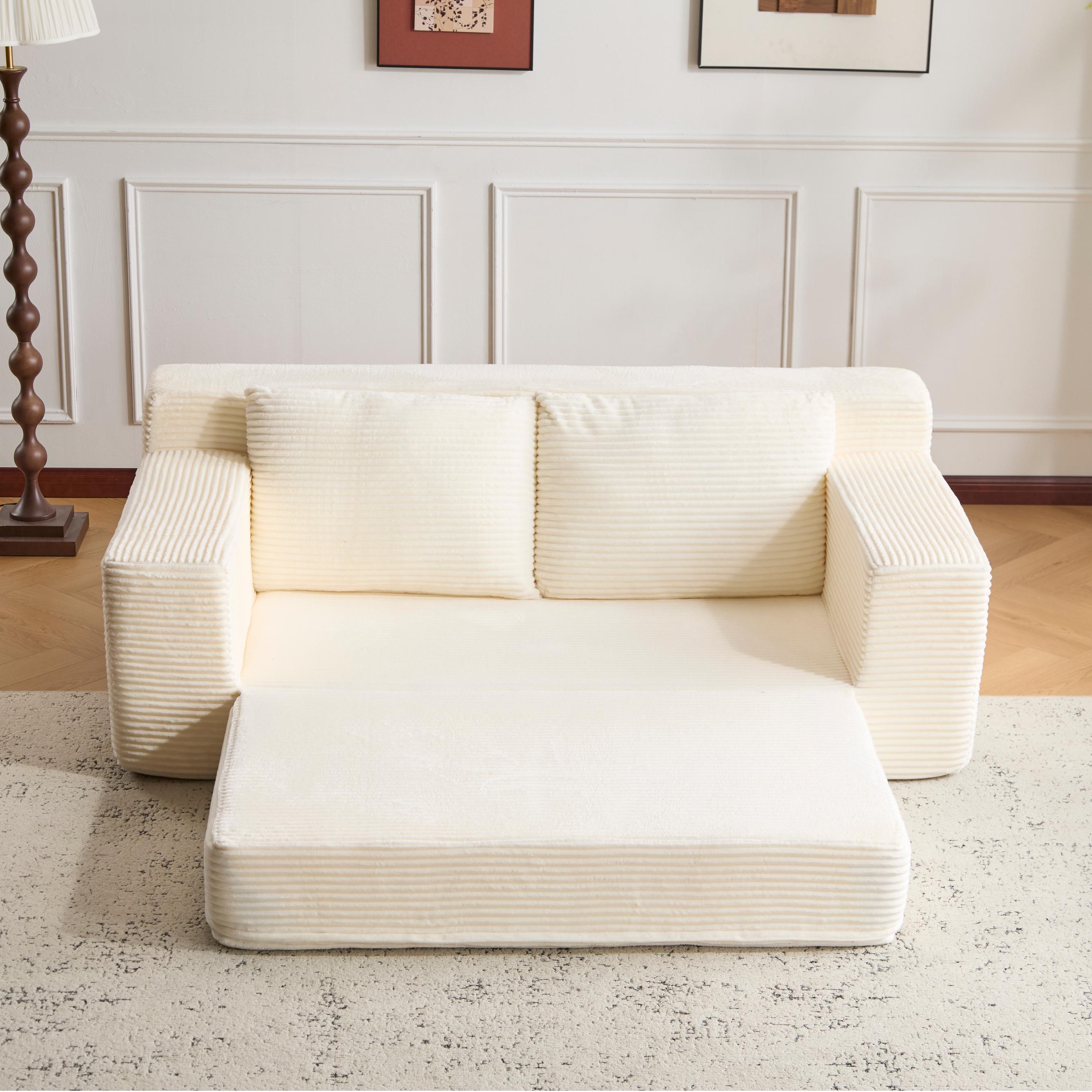 Sofá tipo Loveseat, Sofá cama con asiento profundo cómodo, Sofá moderno pequeño de corduroy para sala de estar o dormitorio, Cojín reversible con almohadas, Sin necesidad de ensamblaje, Blanco