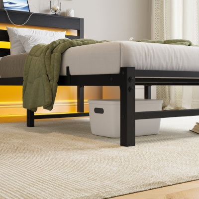 Twin Size LED Platform Bed Frame with USB Charging Station