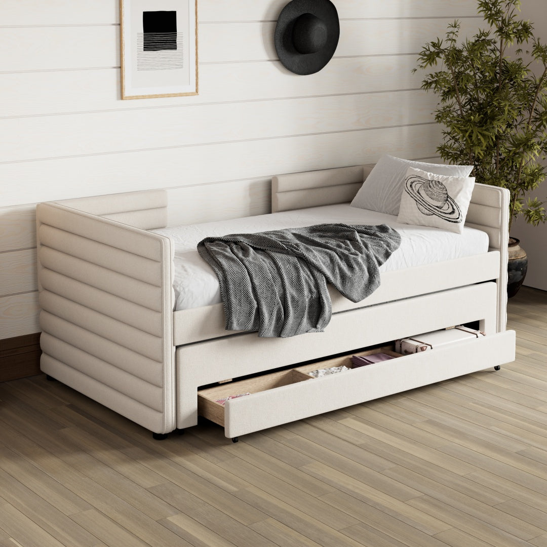 Cama de Día Tapizada de Tamaño Individual con Trundle y 3 Cajones de Almacenamiento, Sofá Cama de Tela Chenille para Habitación de Invitados, Sala de Estar, Marco de Cama de Día Moderno Ahorra Espacio, No Se Requiere Resorte de Caja
