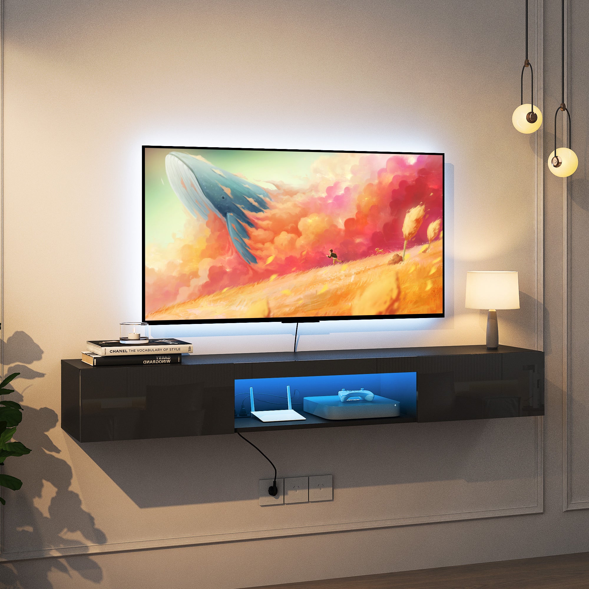 Soporte de TV Flotante Montado en la Pared con 16 Colores de LED, Soporte de TV Moderno Flotante, Gabinete de TV Flotante Centro de Entretenimiento para TV de 55 60 65 Pulgadas, Negro