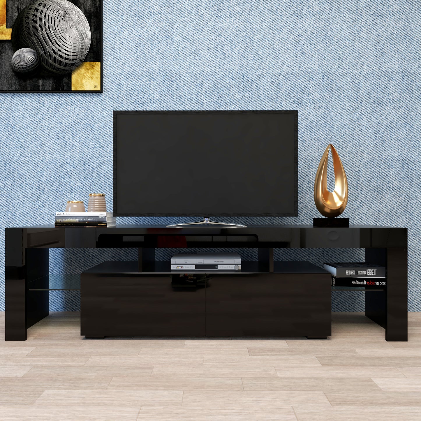 Modern Black TV Stand  20 Colors LED TV Stand W Remote Control Lights