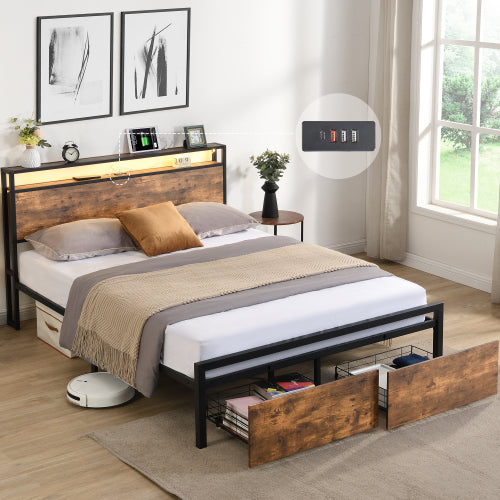 Estructura de Cama de Tamaño Queen con Cabecero de Almacenamiento y 2 Cajones, Cama con Luces LED y Estación de Carga