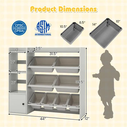 Kids Toy Organizer (Grey) - 44"x12"x39.5", 8 Storage Boxes, Open Shelves+Cabinet.