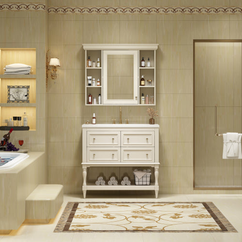 Lavabo de baño de 36'' con armario de medicamentos, armario de espejo moderno con estante ajustable, armario de almacenamiento de baño con 4 cajones, armario de almacenamiento de baño con marco de madera maciza