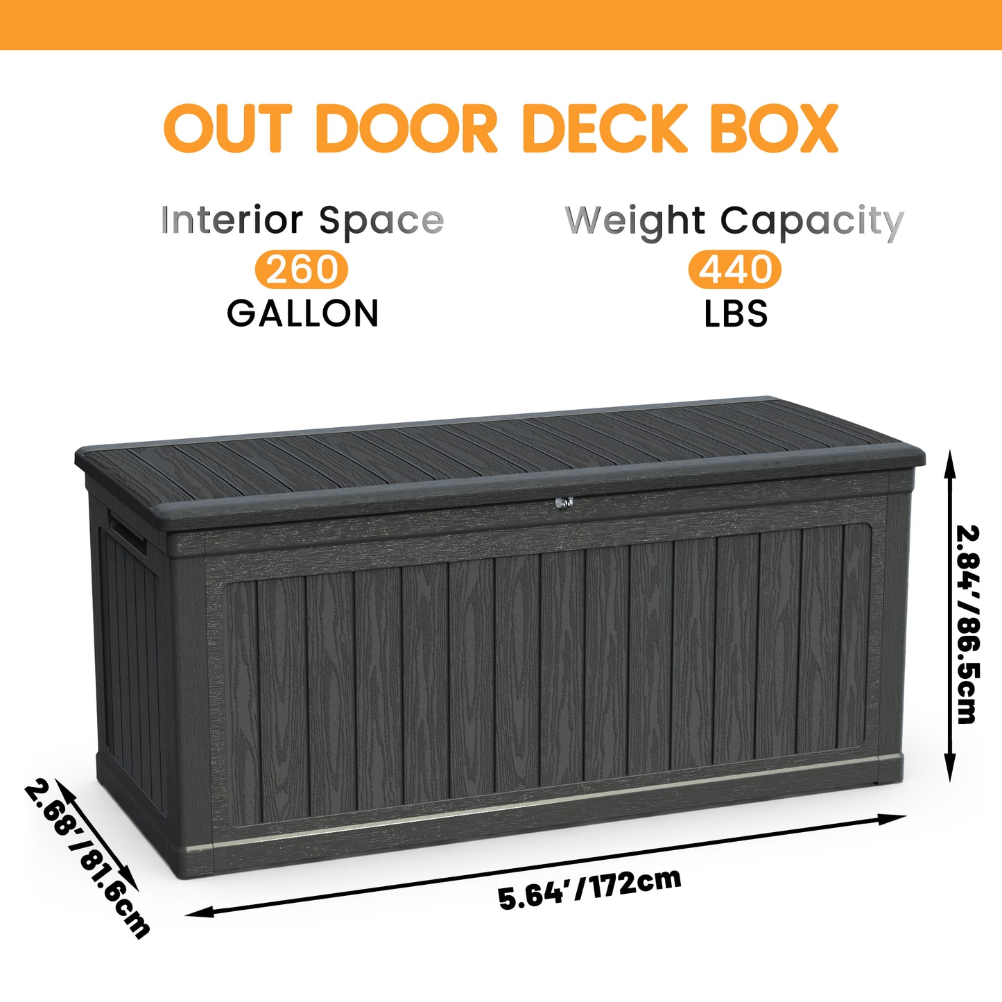 260 Gallon Large Outdoor Storage XXL Deck Box For Patio Furniture, Outdoor Cushions, Garden Tools And Sports Pools Equipment, Waterproof Resin, Lockable, Black