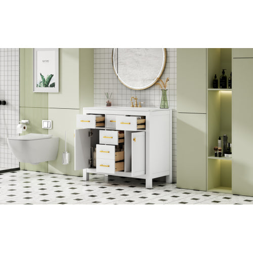 36'' Badezimmer-Waschständer mit Keramik-Waschbecken-Kombinationsset, moderner freistehender einzelner Badezimmerschrank mit 4 Schubladen & 2 Schränken, Stauraumschrank für das Badezimmer, Waschständer-Set mit massivem Holzrahmen, weiß