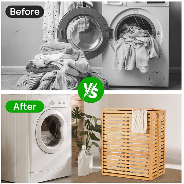 Cesta de Lavandería de Bambú con Tapa - Cesta de Lavandería Plegable con 2 Secciones de Bolsillos Forrados Desmontables para Baño, Dormitorio y Lavandería