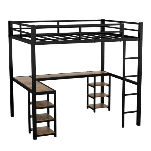 Cama Alta de Metal XL Completa con Escritorio y Estanterías, Cama Alta con Escalera y Barandales, Marco de Cama Alta para Dormitorio, Negro
