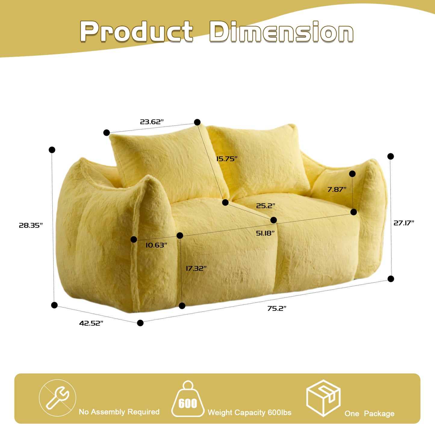 Giant Bean Bag Couch For Adults, Ultra Soft Fluffy Loveseat Bean Bag Sofa, Oversized Chase Lounge Chair Indoor For Living Room Bedroom, No Assembly Required Cozy Reading Chair With Pillows, Yellow