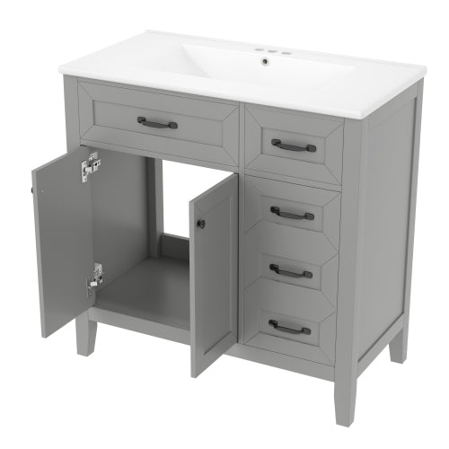 Lavabo de baño de 36 pulgadas con combinación de fregadero, gabinete de baño gris con cajones, marco sólido y tablero de MDF