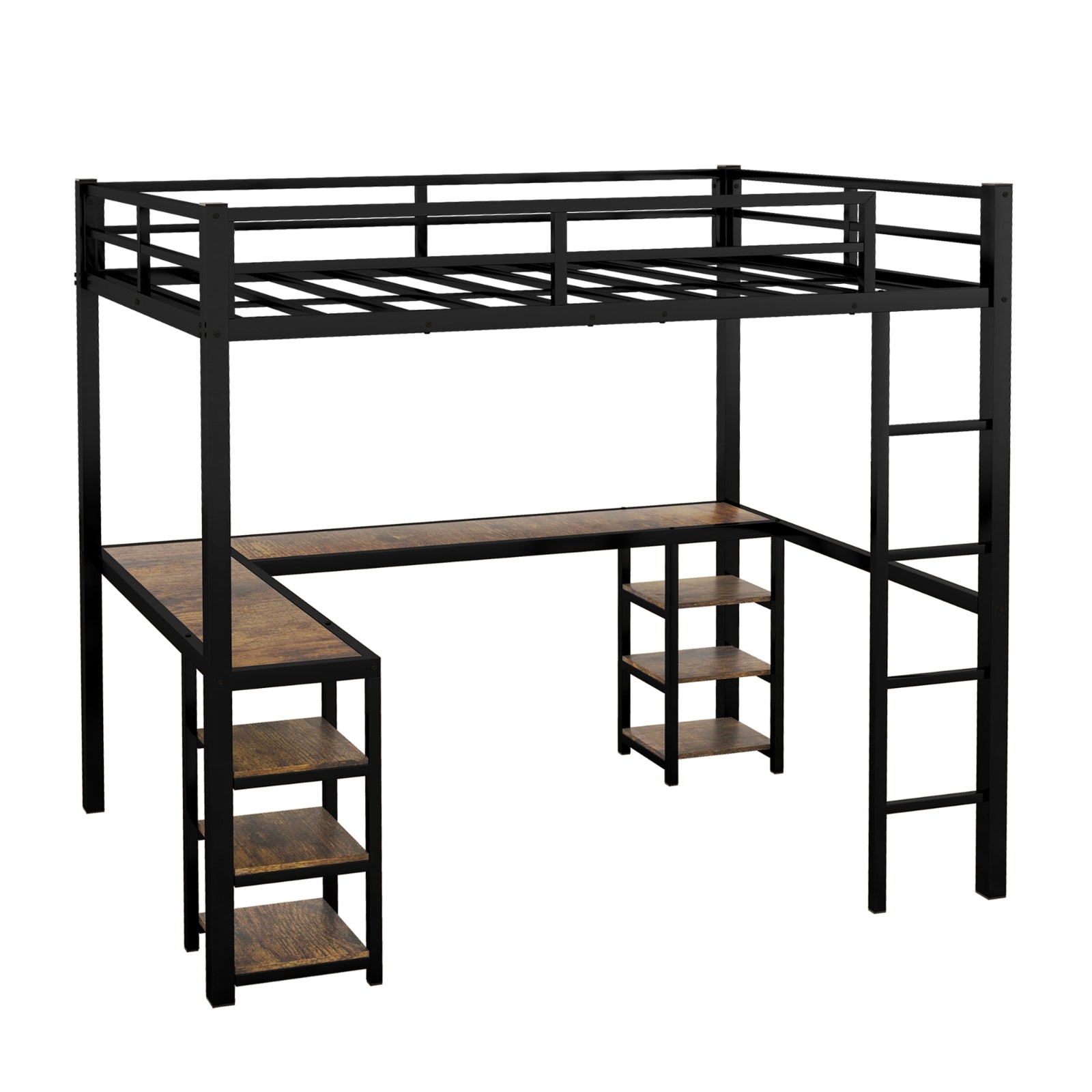 Cama Alta de Metal Completo con Escritorio y Estanterías, Cama Alta con Escalera y Barandales, Marco de Cama Alta para B