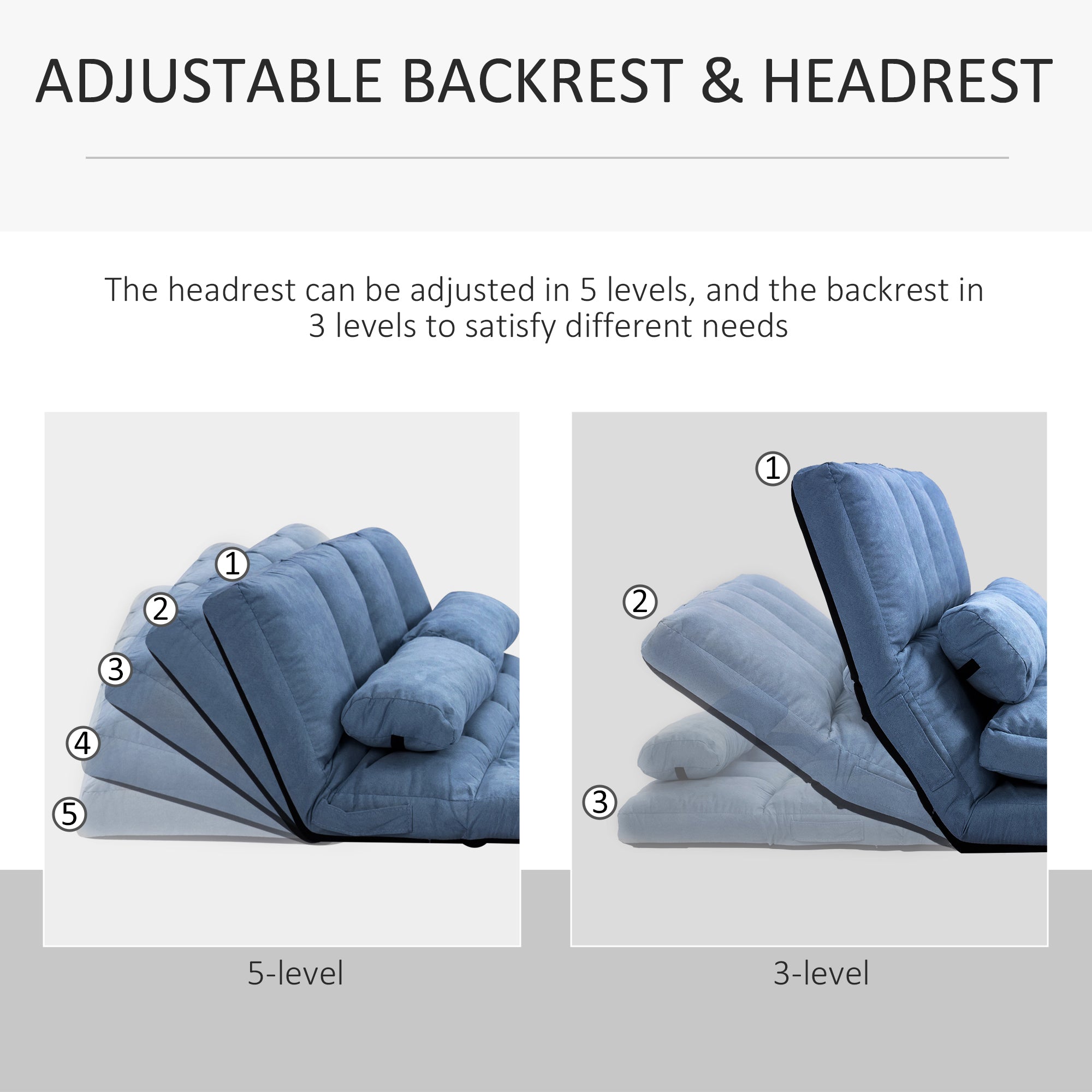 Grey Convertible Floor Sofa Adjustable Headrest