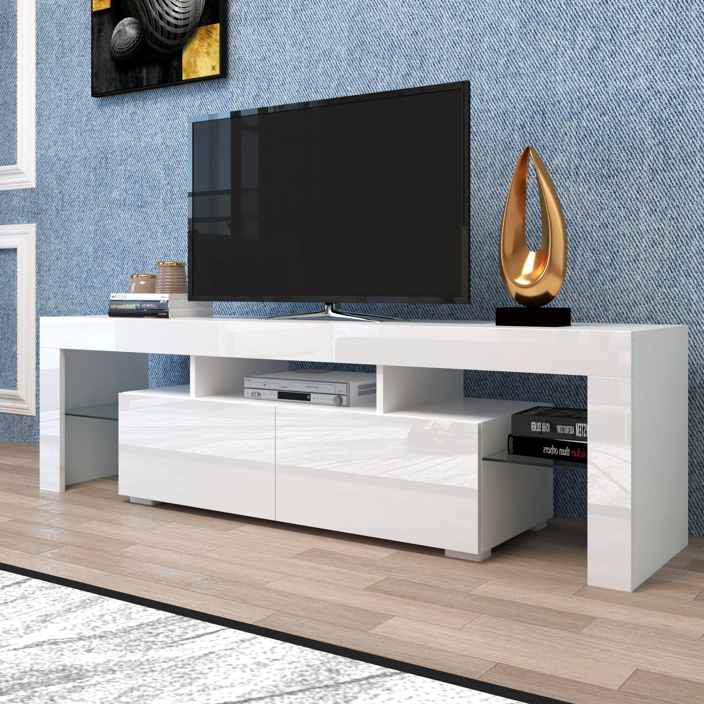 Modern White TV Stand, 20 Colors LED TV Stand W Remote Control Lights