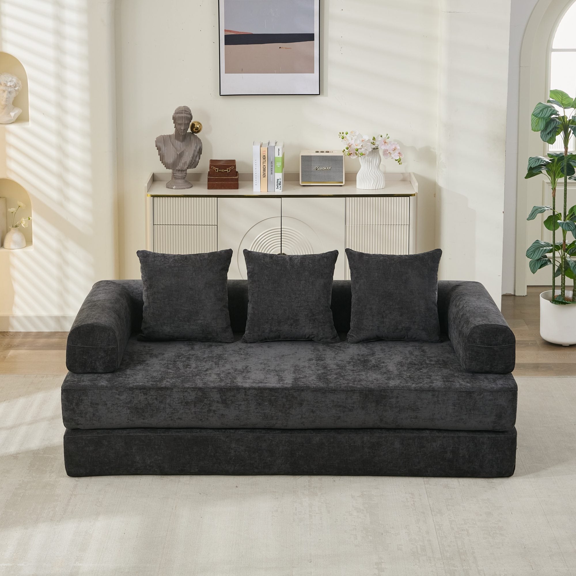 Sofá Cama Plegable Convertible Cómodo, Sofá Cama de Suelo, Sofá de Suelo de Chenille con Reposabrazos, Sofá Lounge de Suelo para Sala de Estar, Dormitorio, Lounge o Estudio-Negro